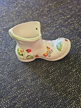White Ceramic Boot Vase with Floral and Butterfly Motif